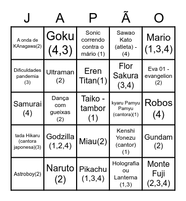 BINGÃO JAPÃO Bingo Card