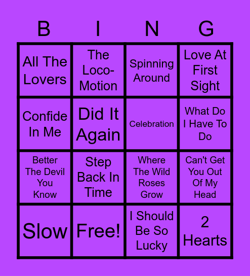 Kylie Klassics Bingo Card