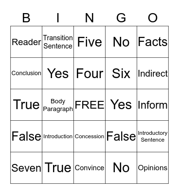 Informational Essay Bingo Card