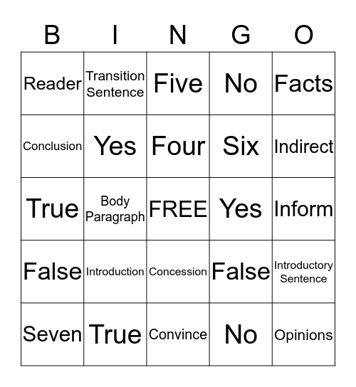 Informational Essay Bingo Card