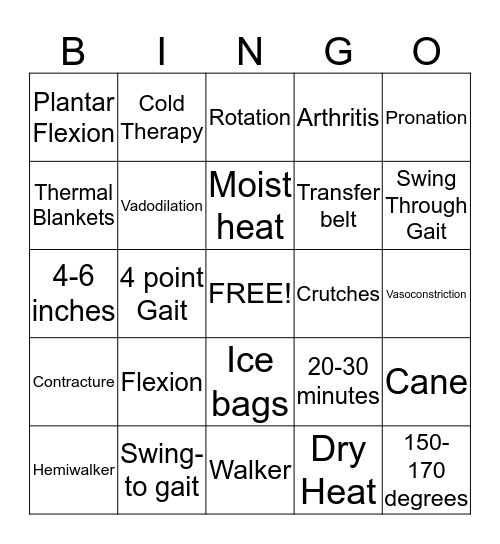 Physical Therapy Skills Bingo Card