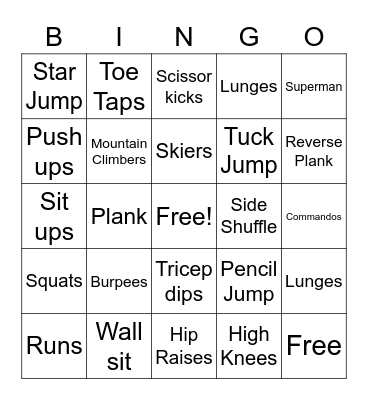 Fitness Bingo Card