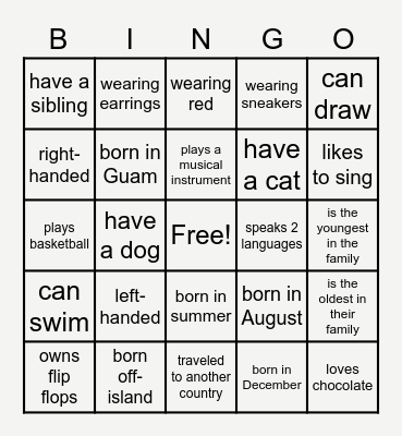 Get To Know Each Other! Bingo Card