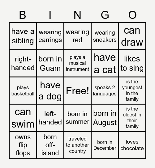 Get To Know Each Other! Bingo Card