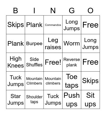 Fitness Bingo Card