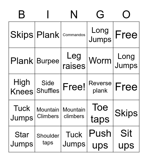 Fitness Bingo Card