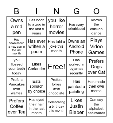 Online Ordering BINGO Card