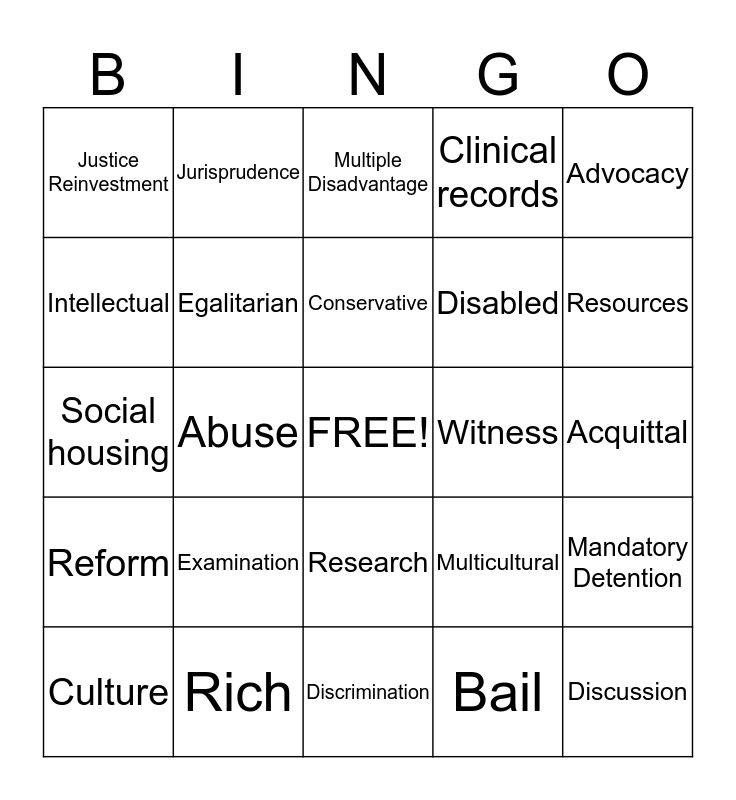 Access to Justice Bingo Card
