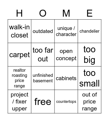 House Hunters Bingo Card