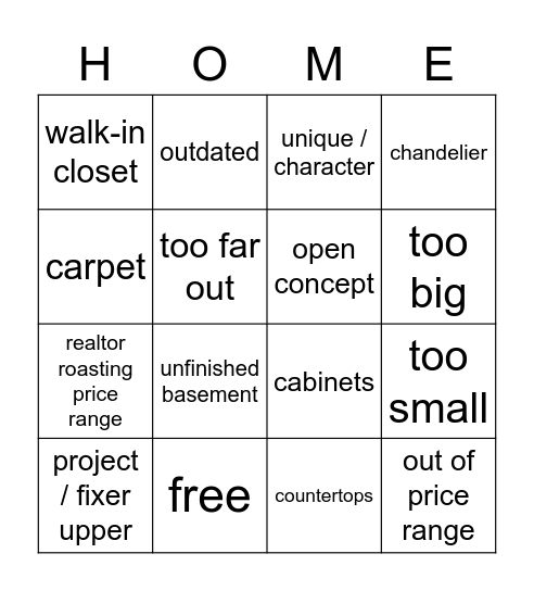 House Hunters Bingo Card