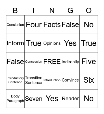 Informational Essay Bingo Card