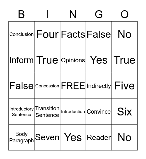 Informational Essay Bingo Card