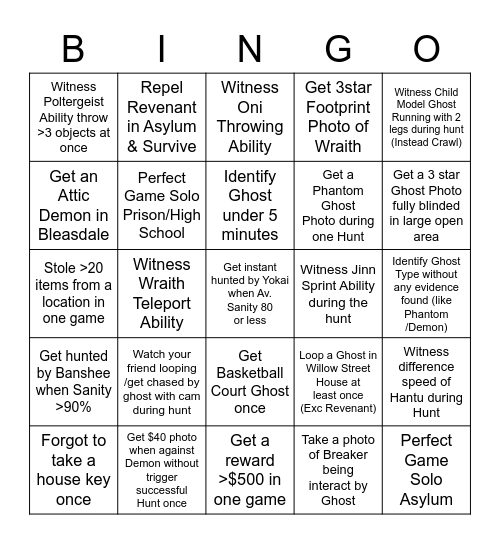 Phasmophobia Bingo Card