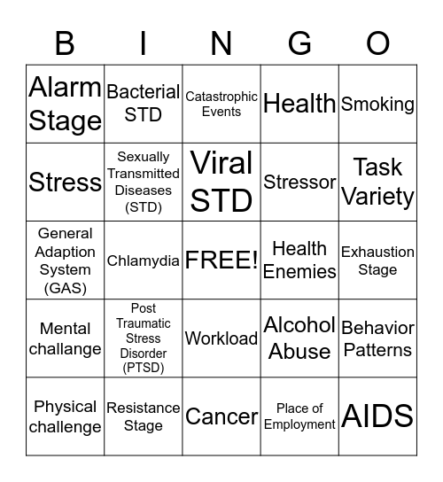 Stress and Health Bingo Card
