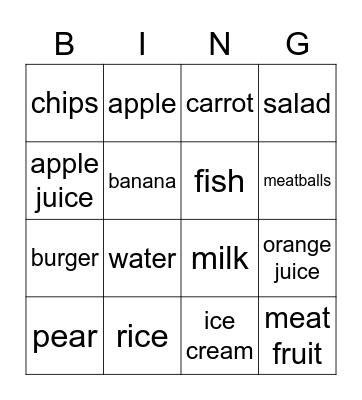 Dinner Time Bingo Card