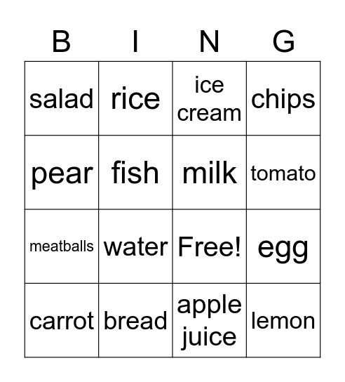 Dinner Time Bingo Card