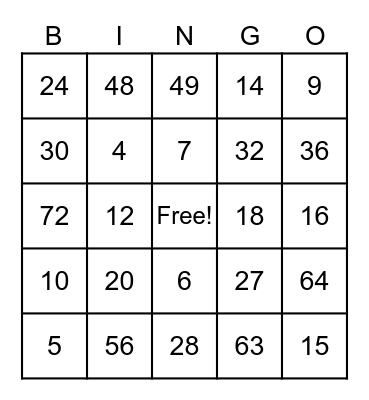 Multiplication Bingo Card