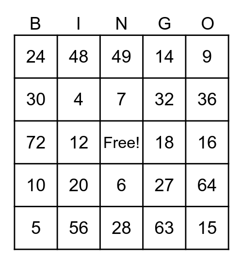 Multiplication Bingo Card