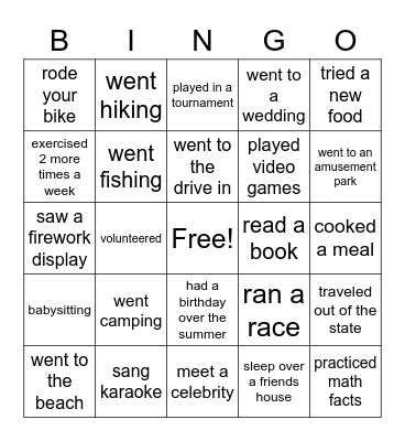 What did you do over the Summer!!!! Bingo Card