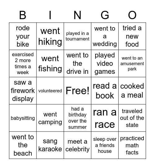 What did you do over the Summer!!!! Bingo Card