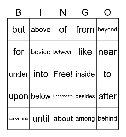 Prepositions Bingo Card