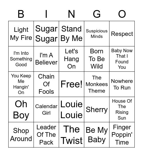 60's Hits Bingo Card