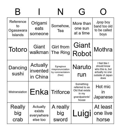 Opening Ceremony Bingo Card