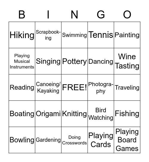 Leisure Bingo Card