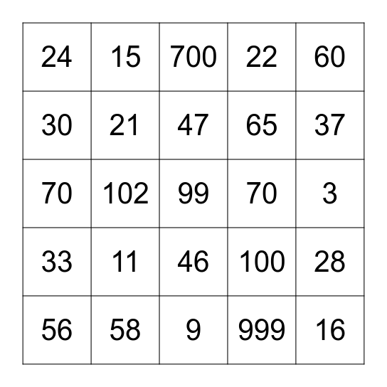 Numbers Bingo Card