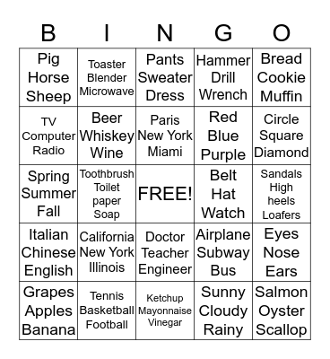 Category Bingo Card