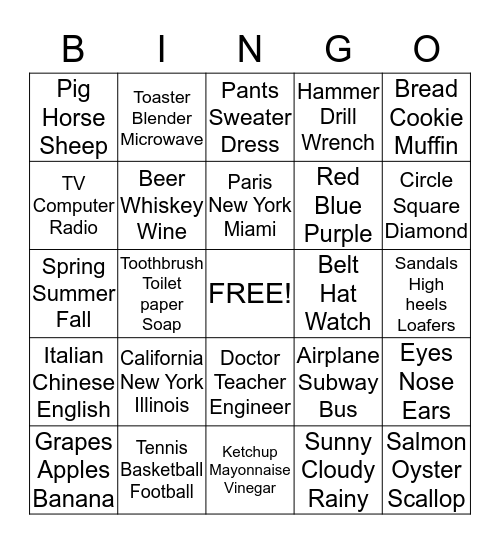 Category Bingo Card