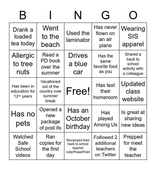 SIS PD Find Somebody Who Bingo Card