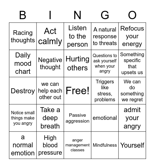 Anger/ anger management Bingo Card