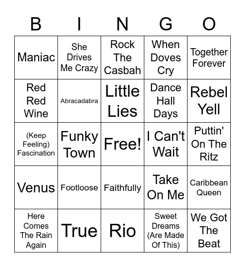 80s Hits Bingo Card