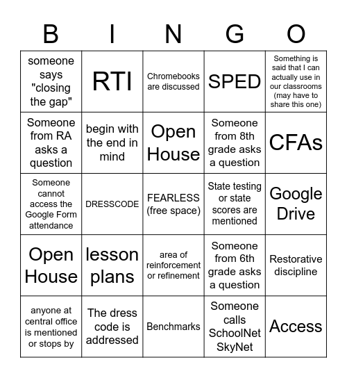 WJMS Faculty meeting Bingo Card