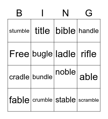 Consonant -le Bingo Card