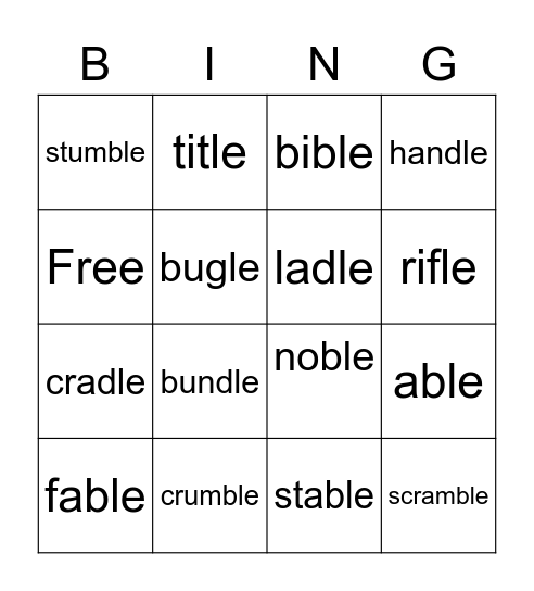 Consonant -le Bingo Card