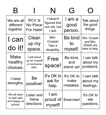 Kindness Counts with Mrs. Cooper Bingo Card