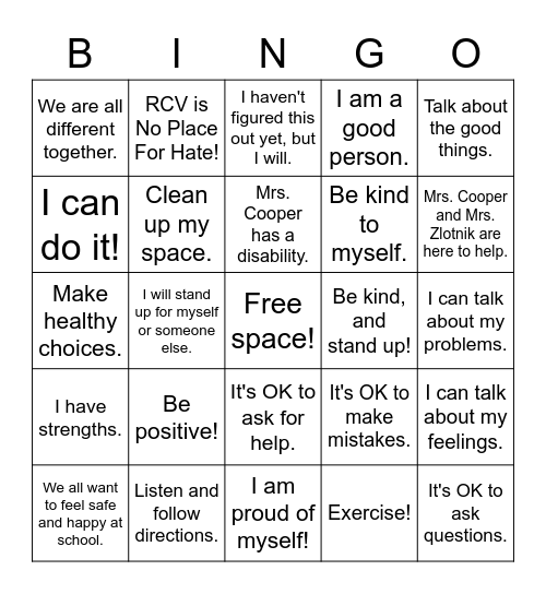 Kindness Counts with Mrs. Cooper Bingo Card