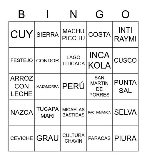 BINGO PERUANO Bingo Card