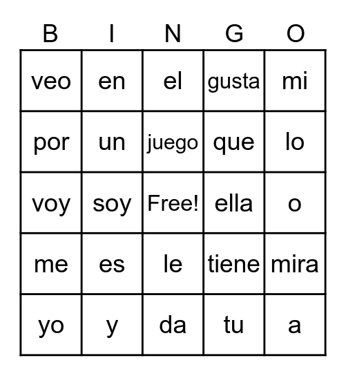 Palabras Para Kinder Bingo Card