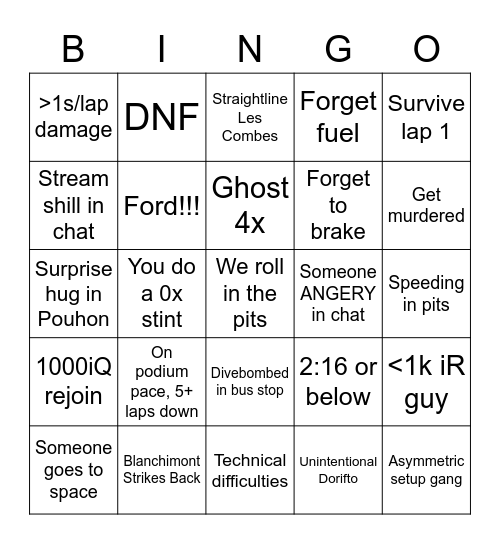 Spa 24 Bingo Card