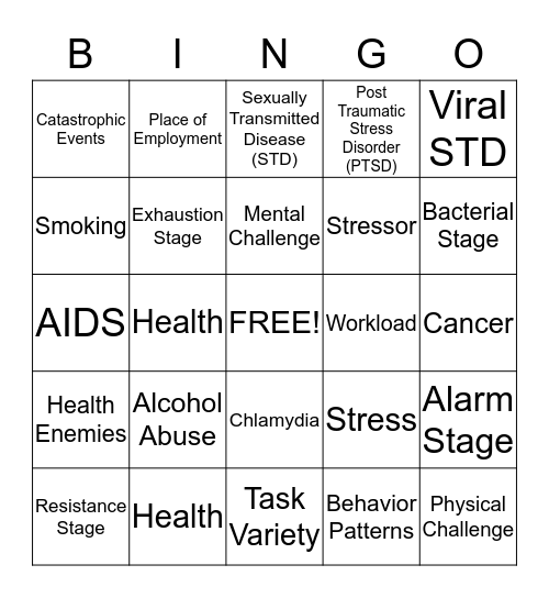 Stress and Health Bingo Card