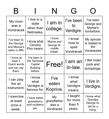 Vondracek Family Bingo Card