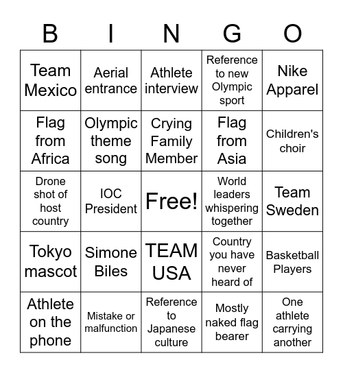 Tokyo Olympics Opening Ceremonies! Bingo Card