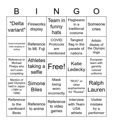 Olympics Opening Ceremony 2021 Bingo Card