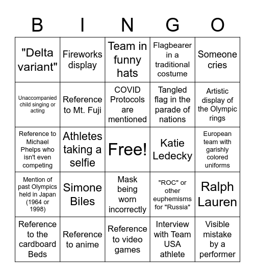 Olympics Opening Ceremony 2021 Bingo Card