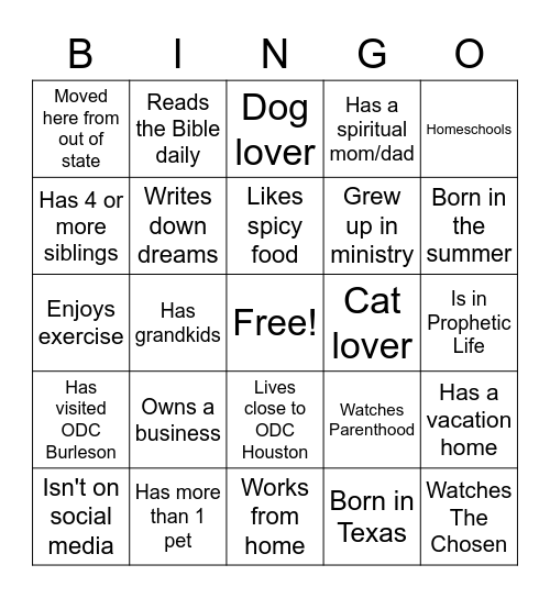 ODC Houston Bingo Card