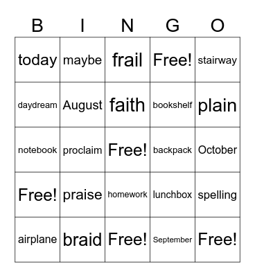 Spelling List 1 Bingo Card