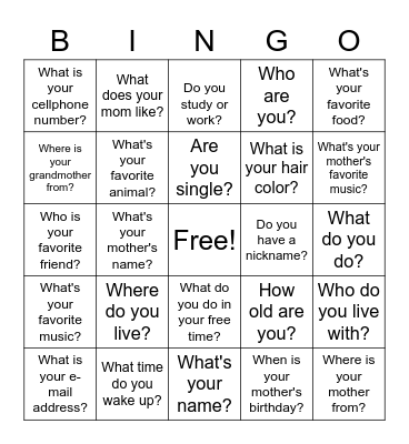 Getting to know Questions Bingo Card